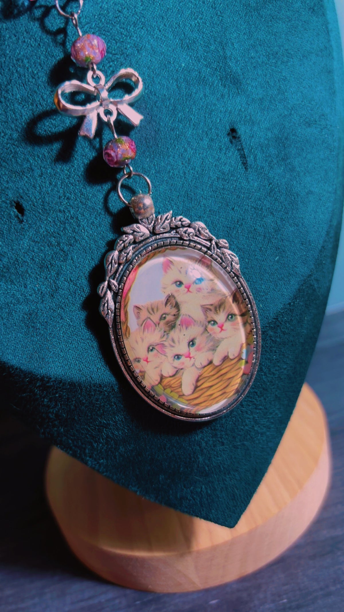 Handmade basket of kittens coquette necklace with lamp work beads