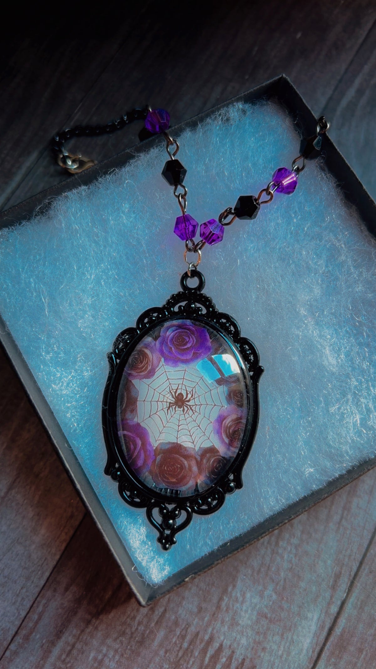 Handmade spider and rose cameo necklace