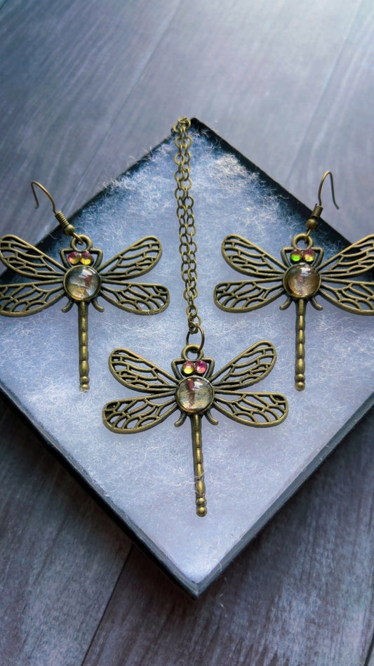 Handmade dragonfly set with real butterfly wing gem.