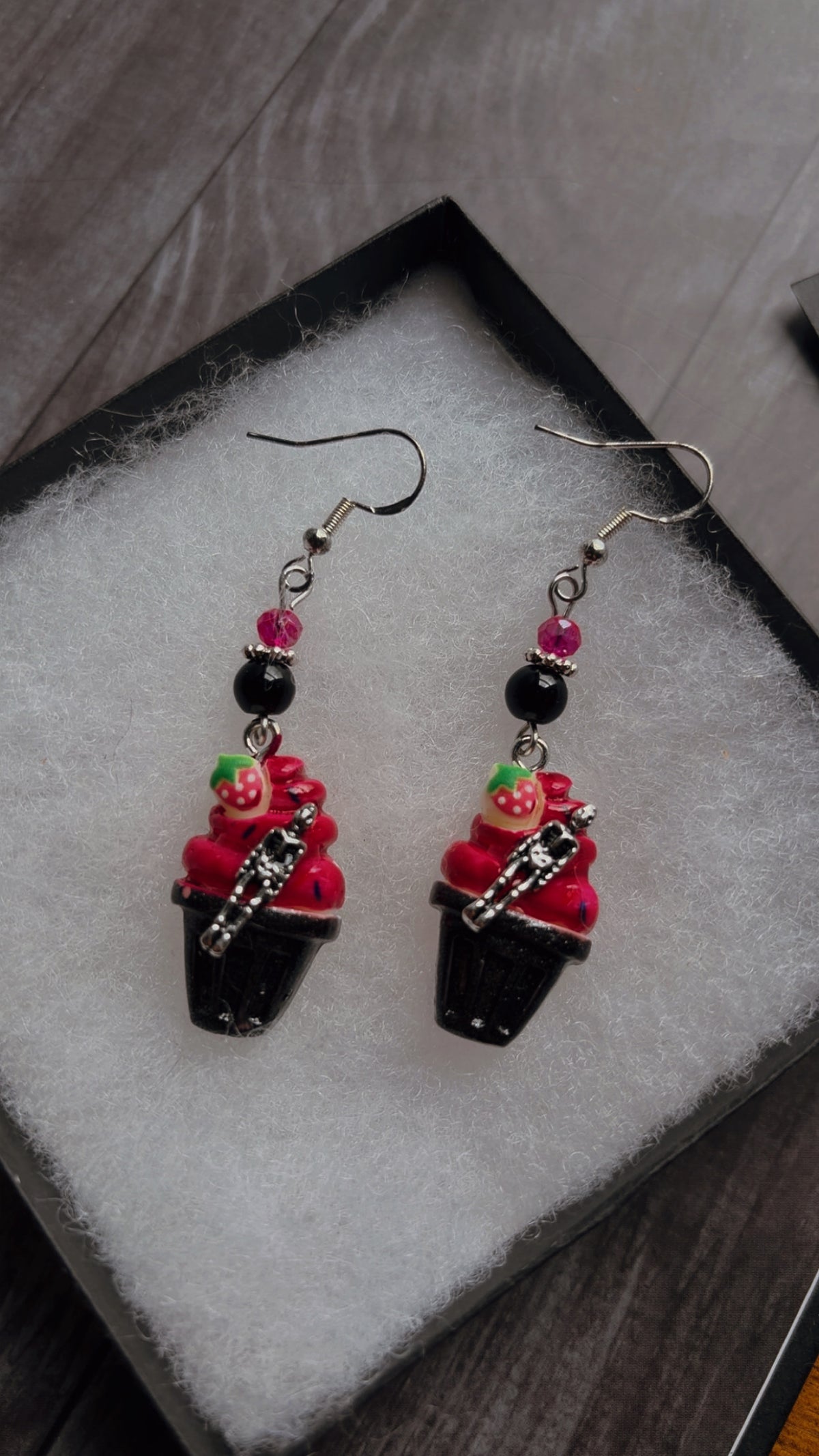 Handmade strawberry skeleton sundae earrings