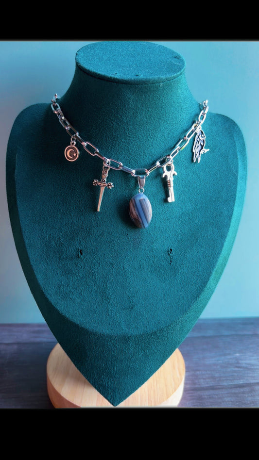 Handmade charm necklace with black agate gemstone