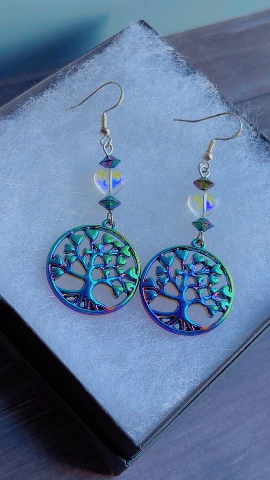 Handmade oil spill tree of life earrings