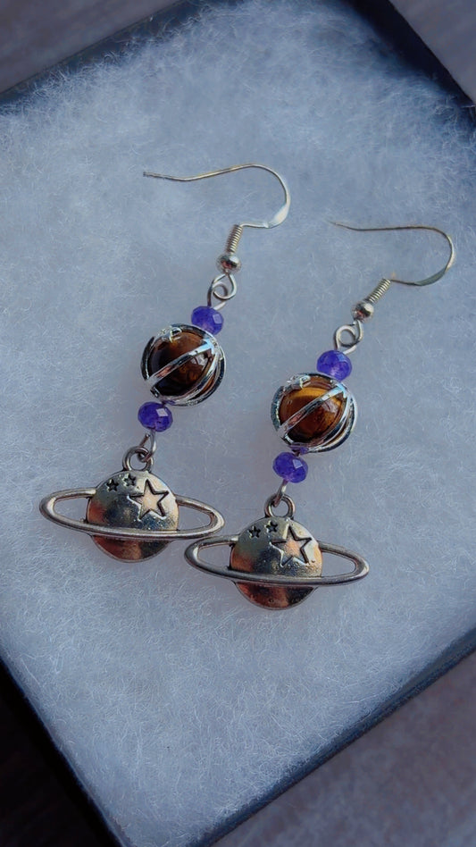 Handmade planet earrings with tigers eye gemstones