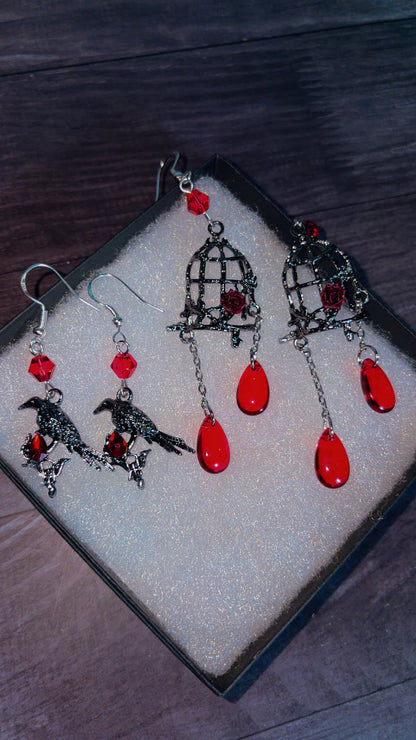 Handmade crow & bird cage earrings