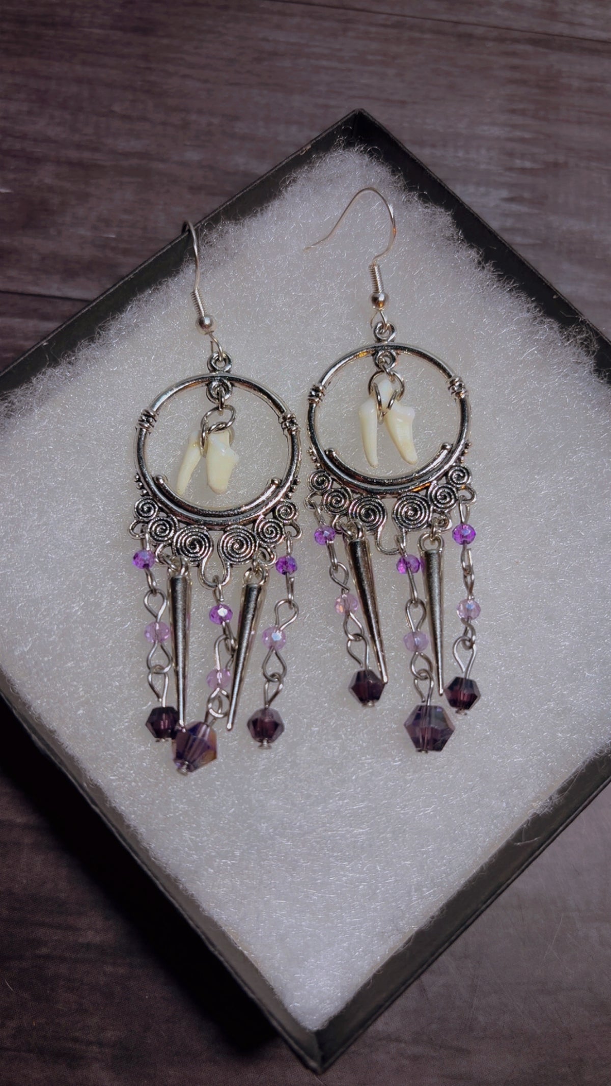 Handmade coyote tooth chandelier earrings
