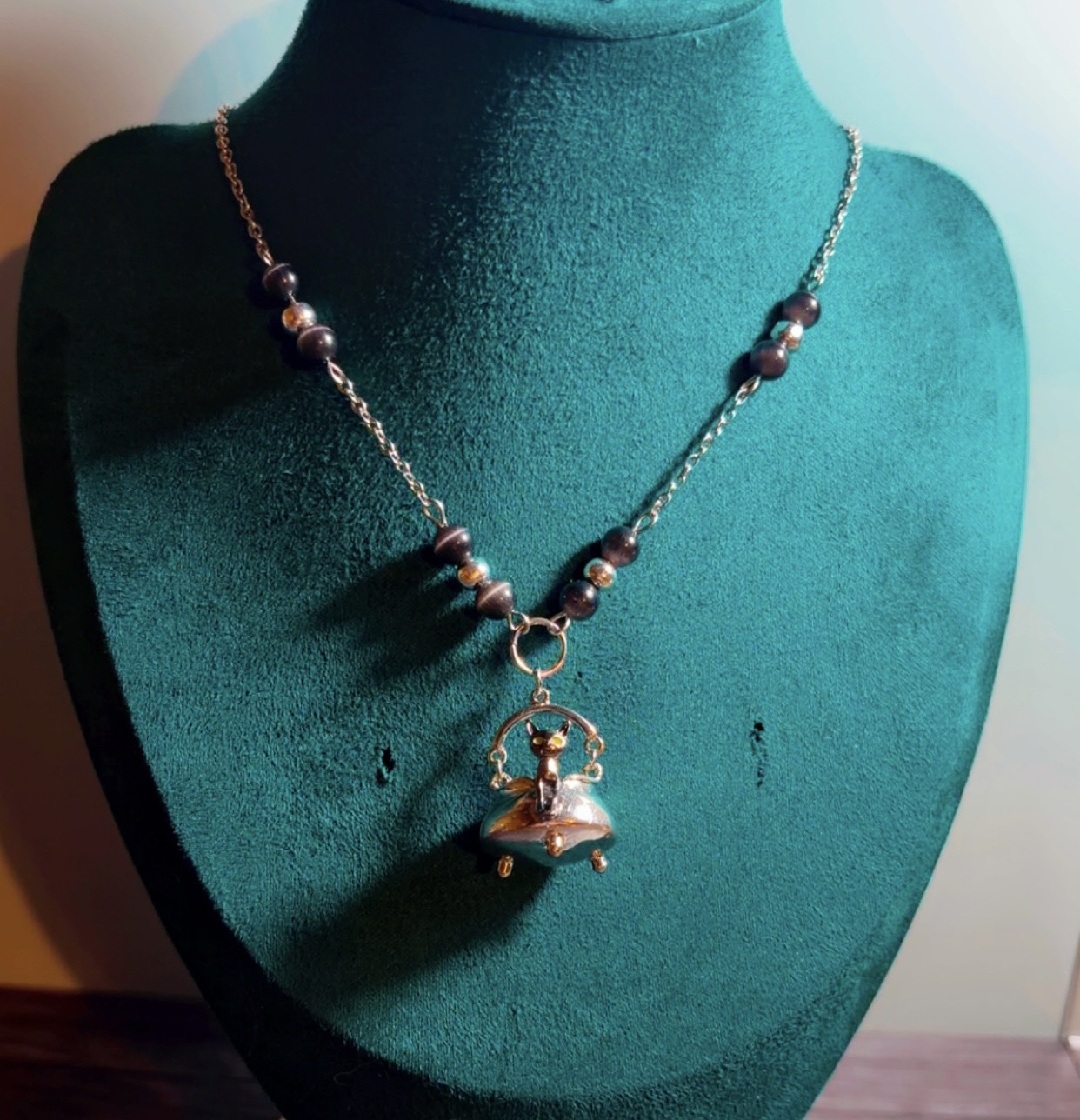 Handmade kitty in a cauldron necklace
