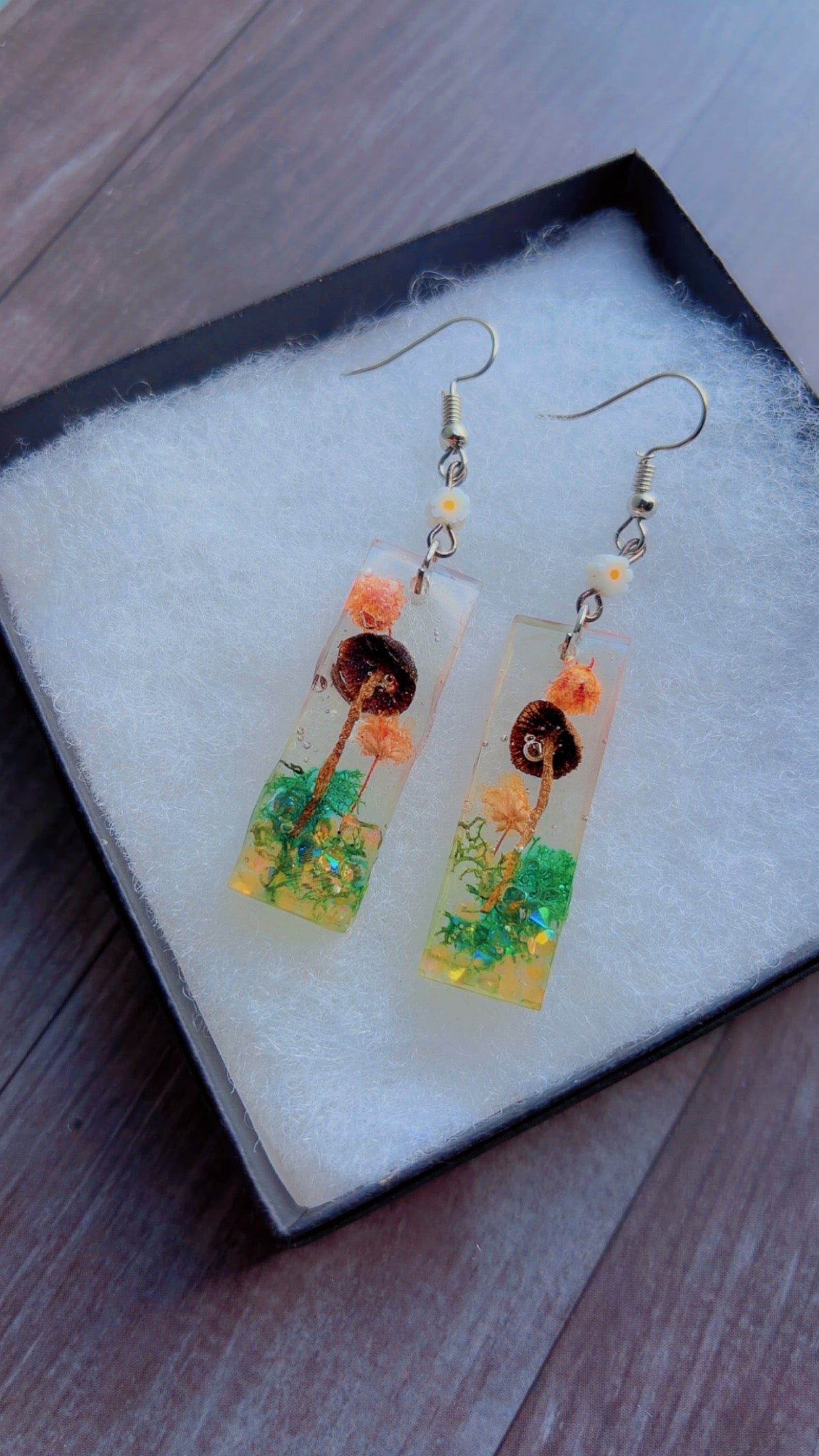 Handmade earrings with real mushrooms