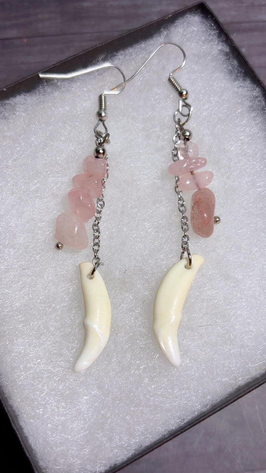 Handmade coyote fang and rose quartz earrings