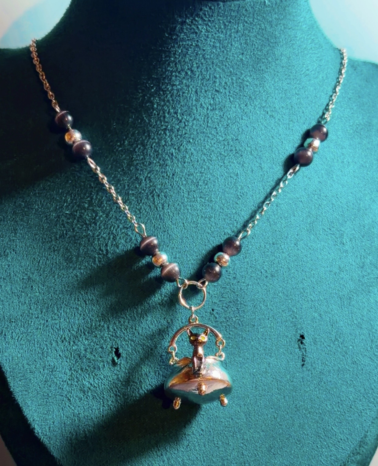 Handmade kitty in a cauldron necklace
