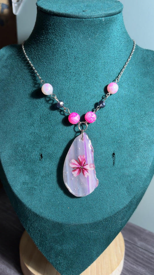 Handmade agate slice necklace with real dried florals