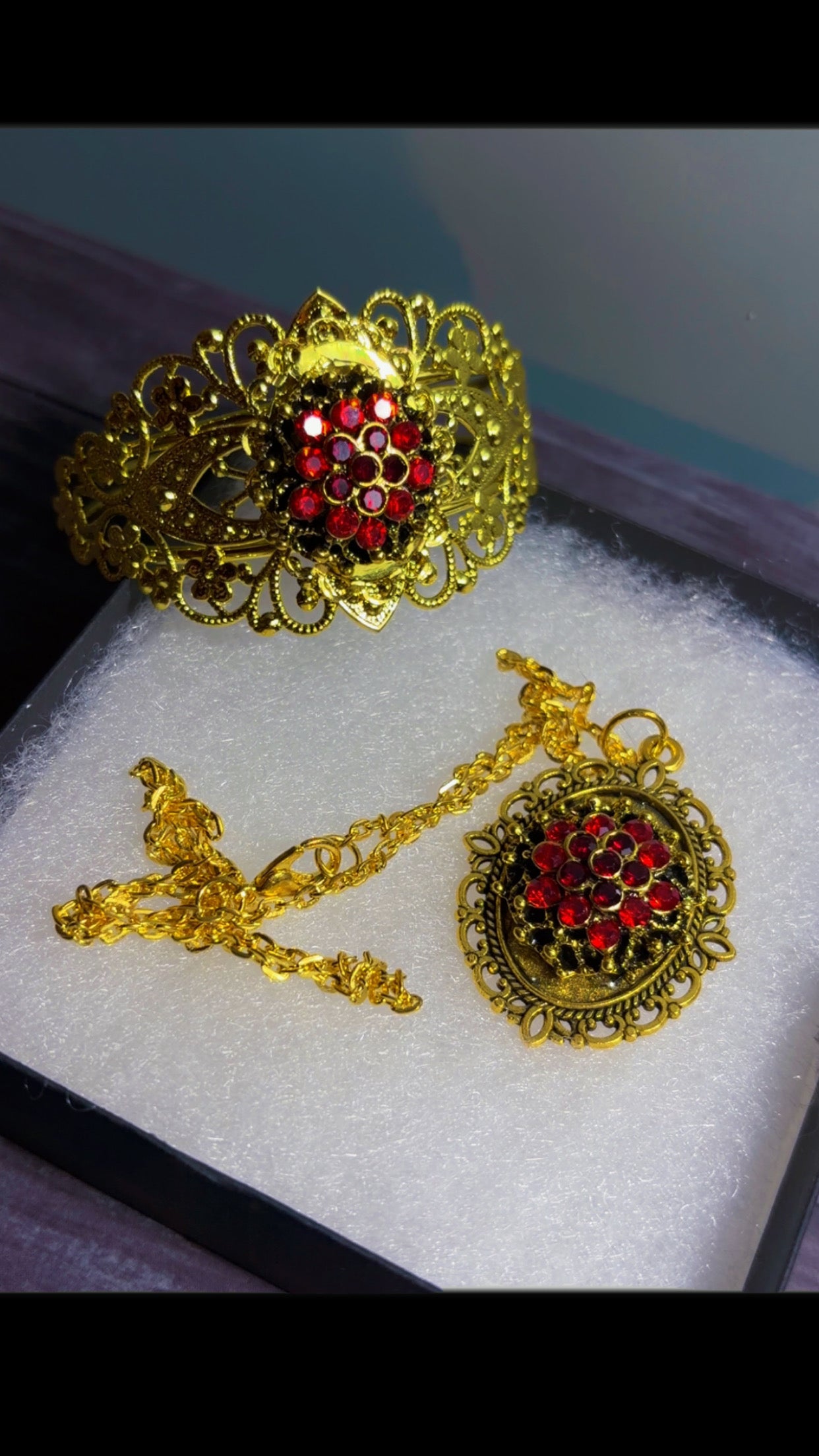 Handmade rhinestone cuff and cameo necklace set