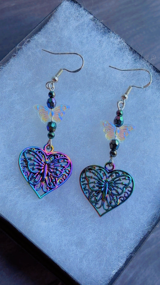 Handmade oil spill butterfly heart earrings