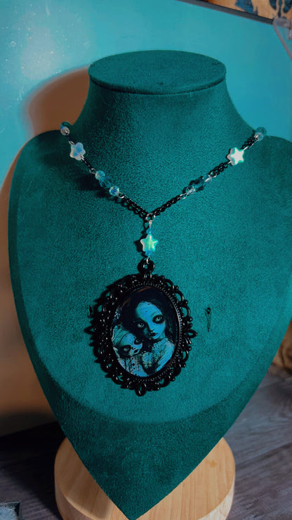 Handmade creepy mother and daughter doll cameo necklace