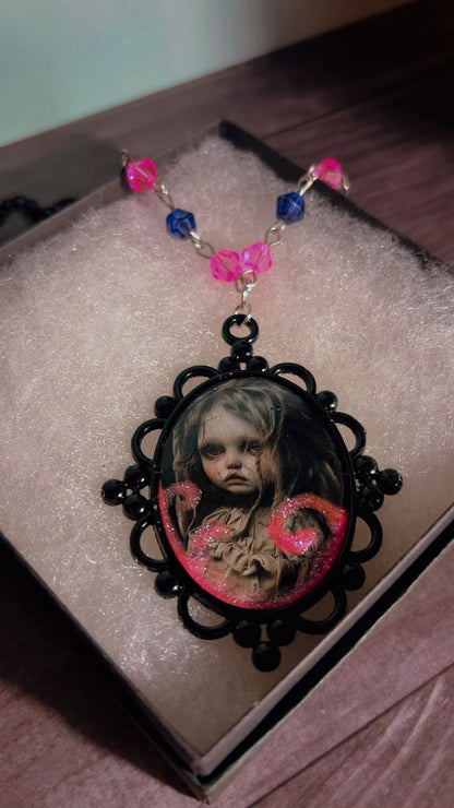 Handmade creepy horror film child cameo necklace