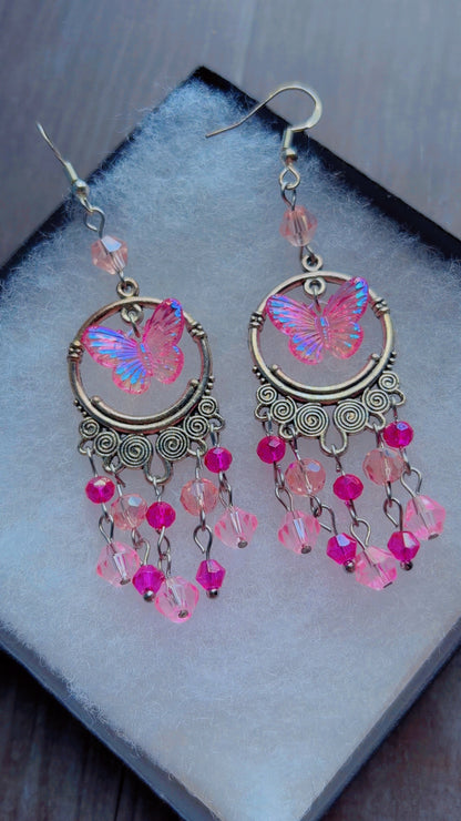 Handmade iridescent butterfly chandelier earrings