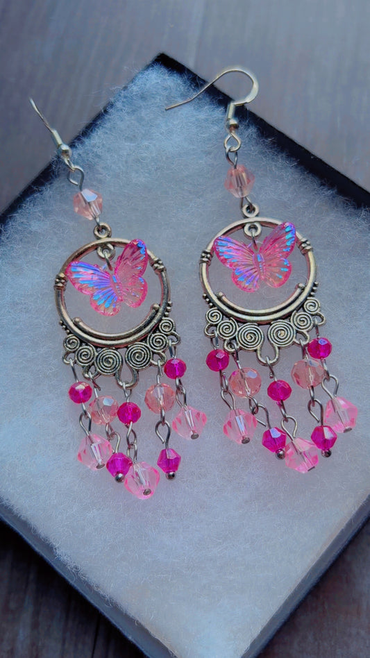 Handmade iridescent butterfly chandelier earrings