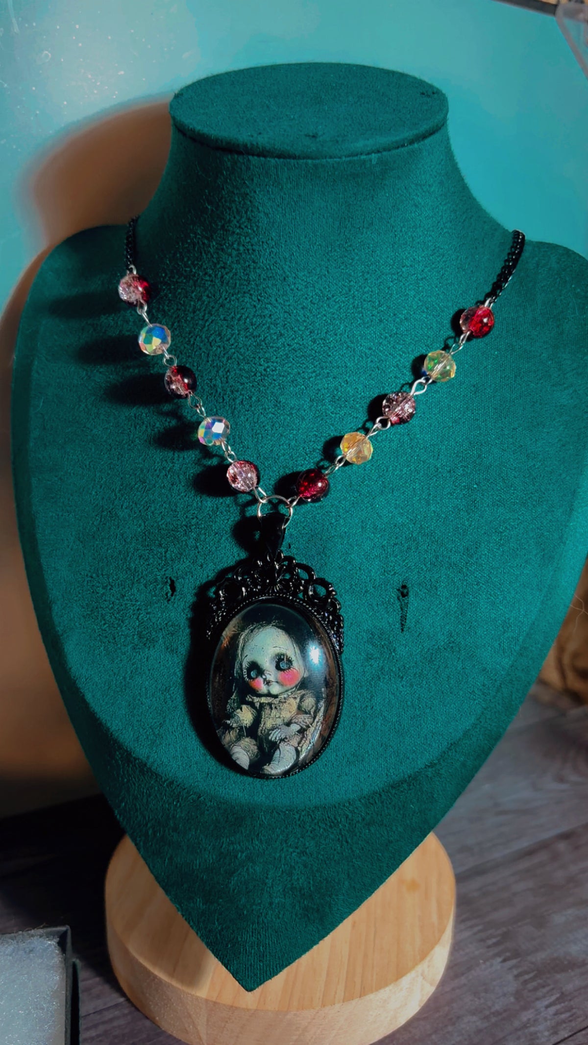 Handmade creepy doll cameo necklace