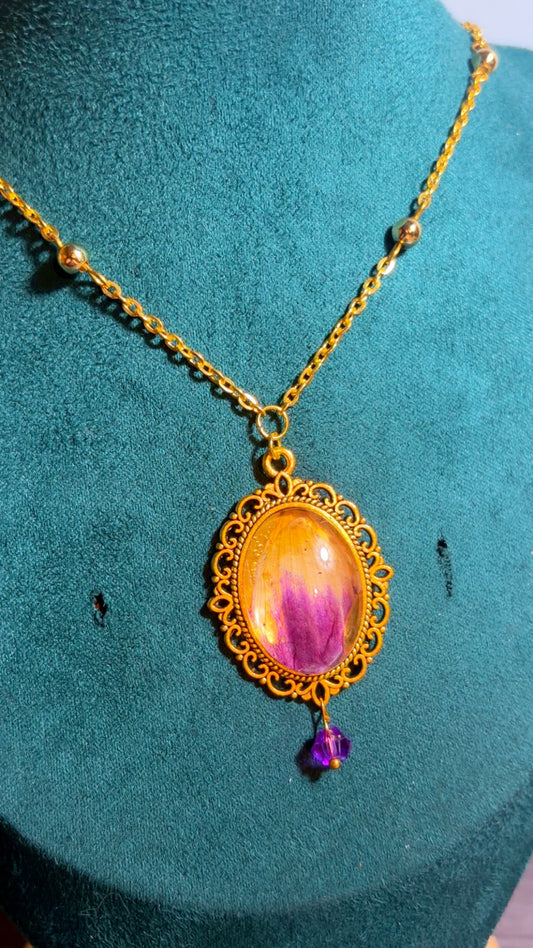 Handmade real dahlia petal cameo necklace