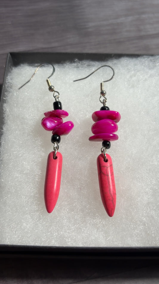 Handmade pink stone and shell earrings