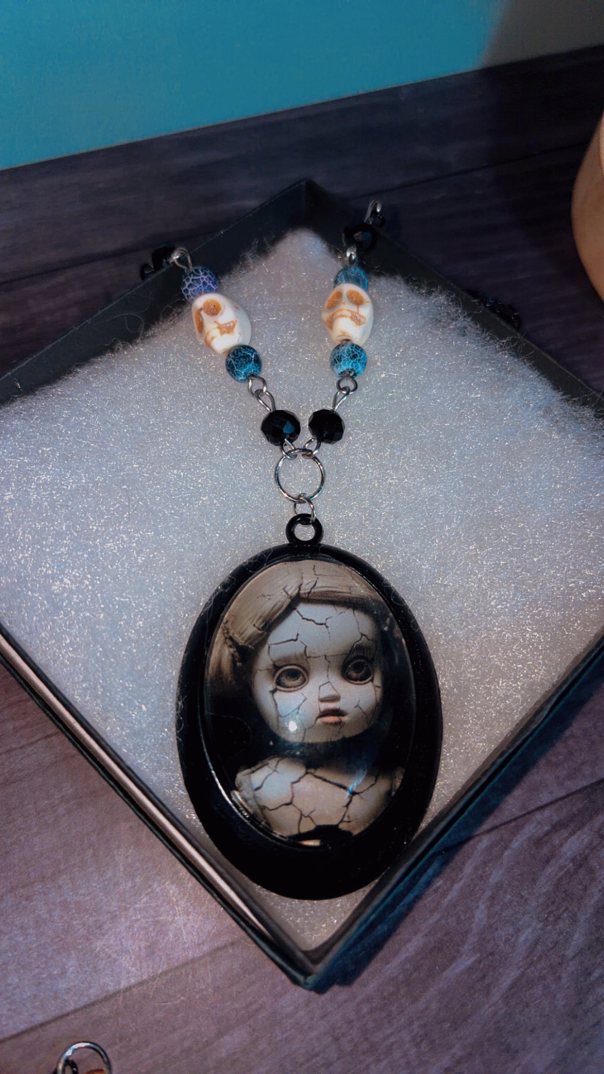 Handmade vintage cracked doll cameo necklace