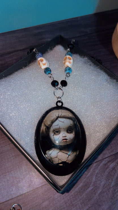 Handmade vintage cracked doll cameo necklace