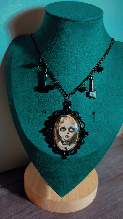 Handmade creepy doll/child cameo necklace