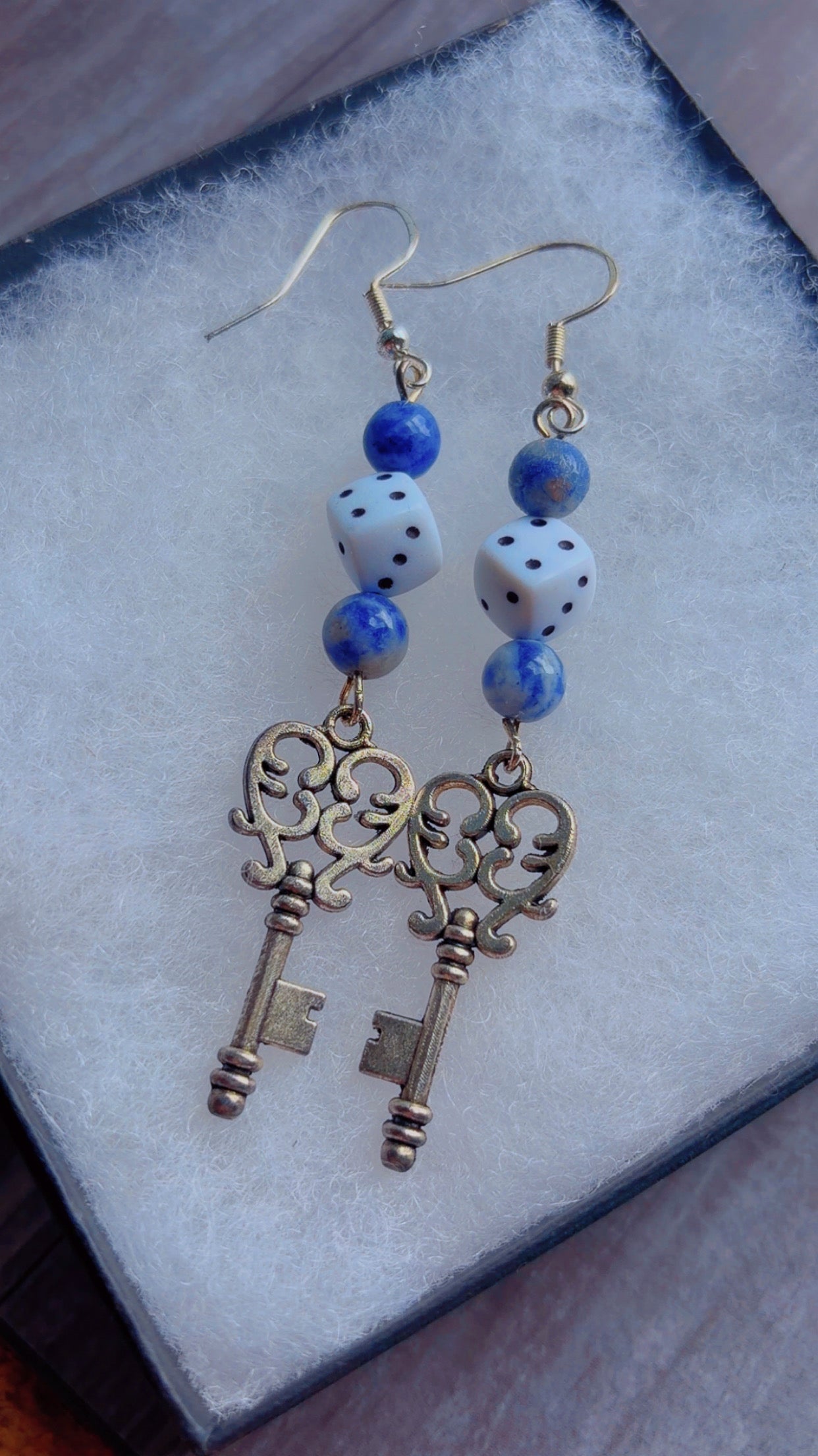 Handmade dice and key earrings