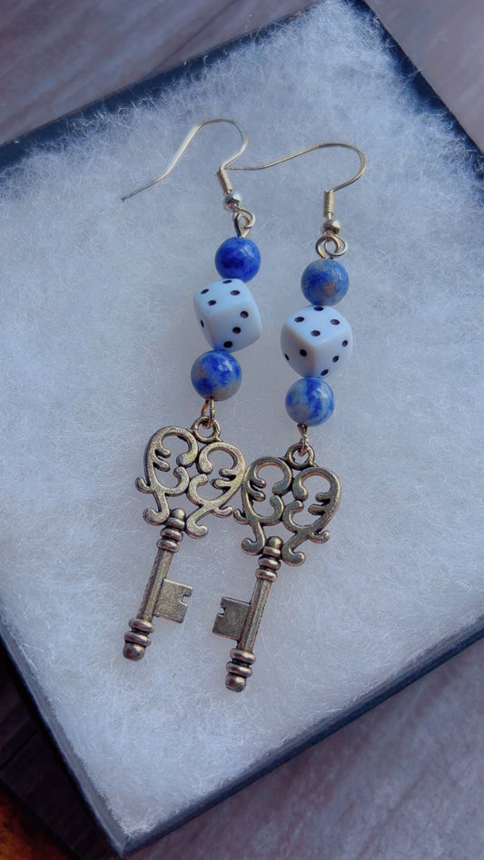 Handmade dice and key earrings