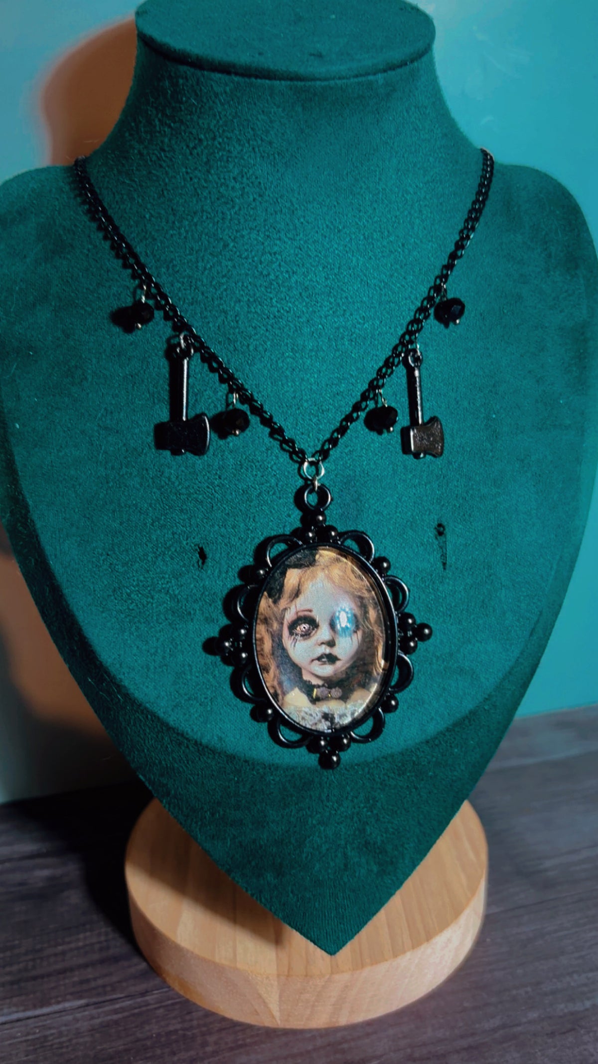 Handmade creepy doll/child cameo necklace