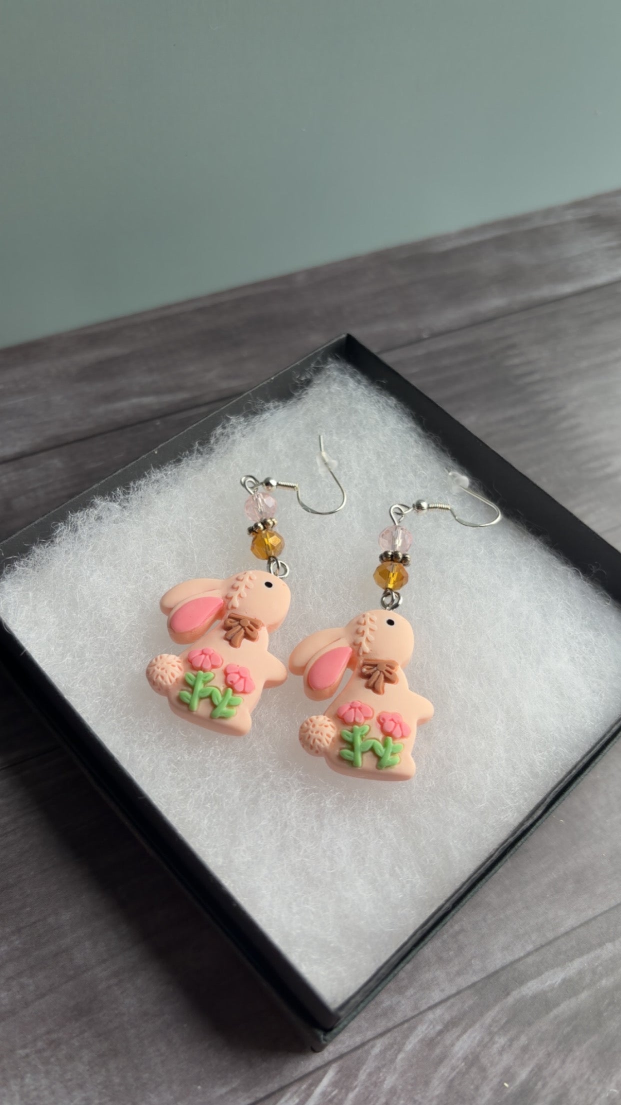 Handmade peach bunny earrings