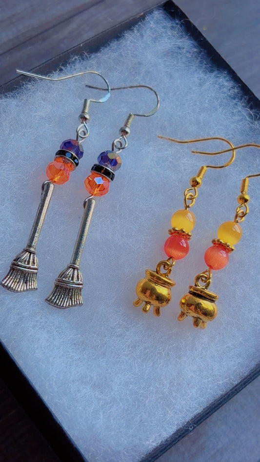 Handmade broom and cauldron earrings