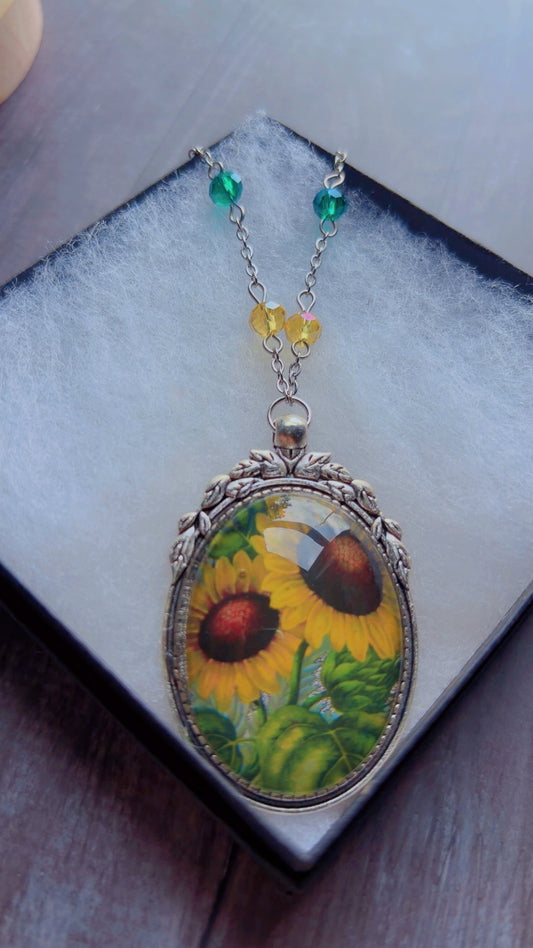 Handmade sunflower cameo necklace