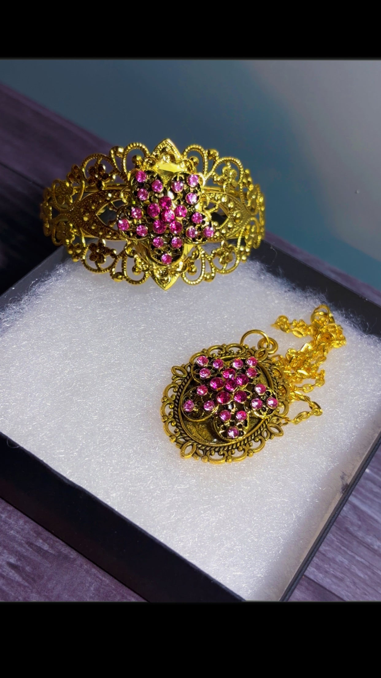 Handmade rhinestone cuff and cameo necklace set