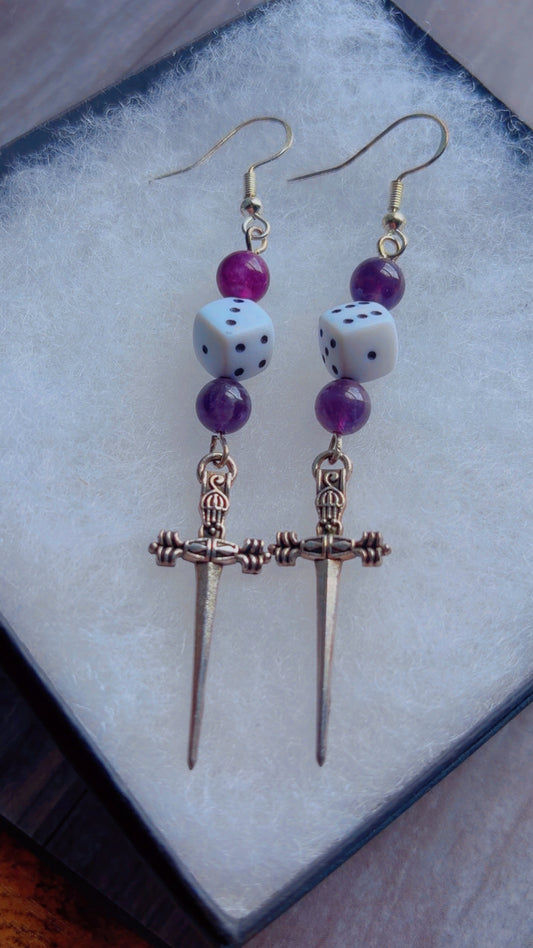Handmade dice and sword earrings