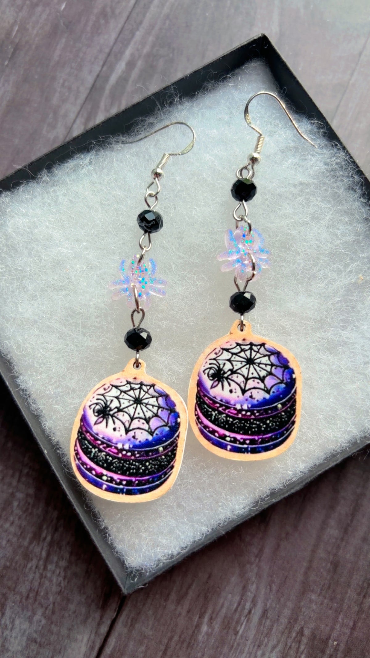 Handmade spider cake earrings