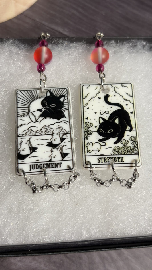 Handmade mismatched cat tarot card earrings