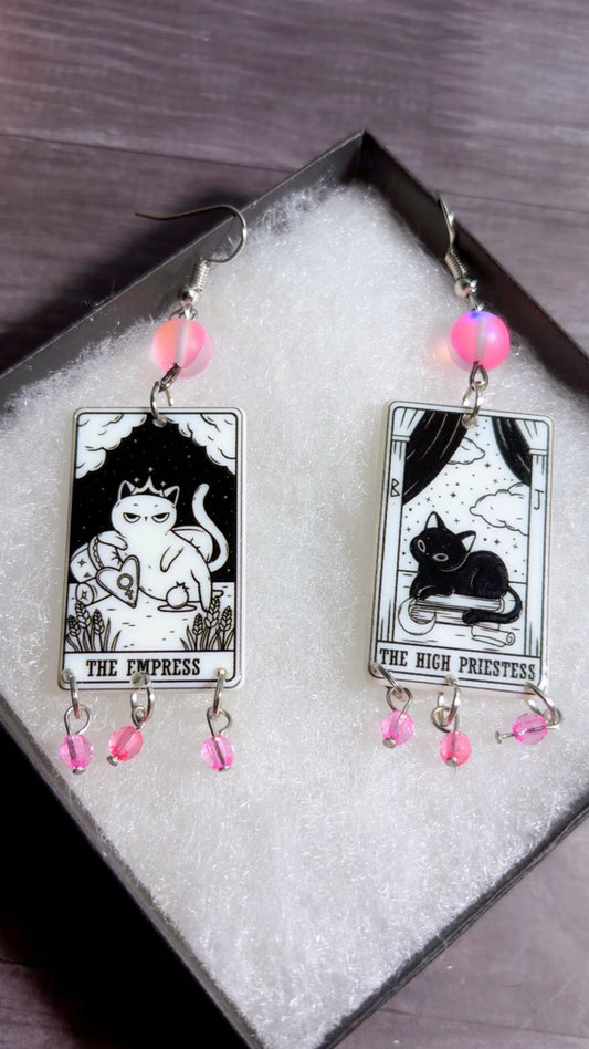 Handmade mismatched cat tarot card earrings