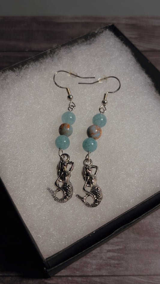 Handmade mermaid earrings with sea sediment jasper & aquamarine beads