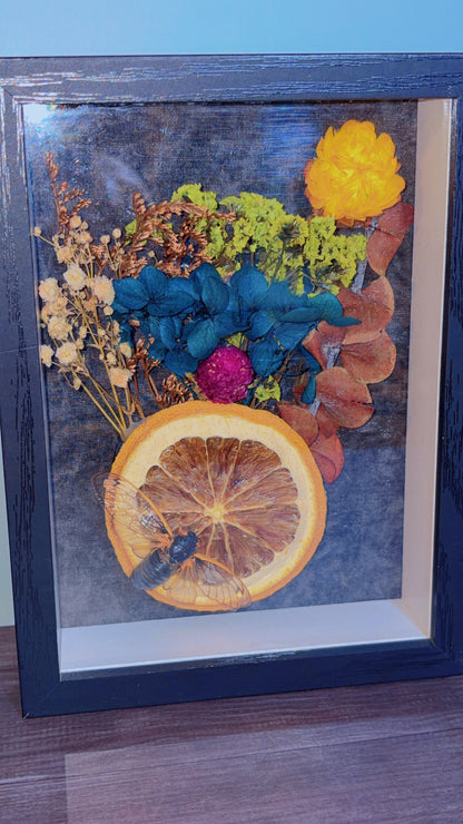 Handmade framed art with a cicada specimen