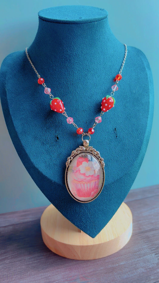 Handmade strawberry cupcake cameo necklace