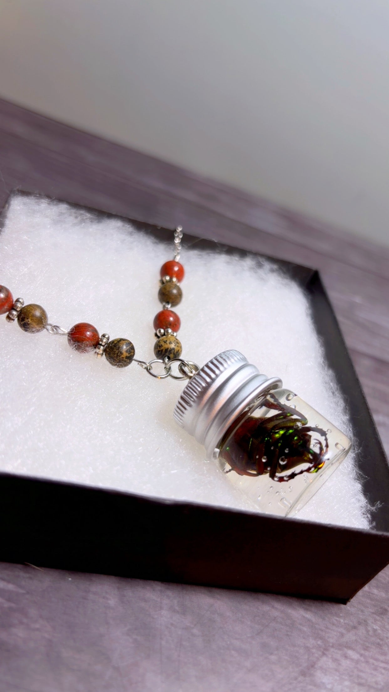 Handmade horned beetle wet specimen necklace
