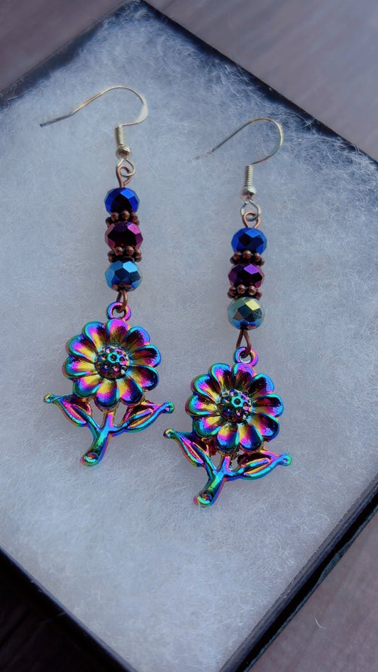Handmade oil spill flower earrings