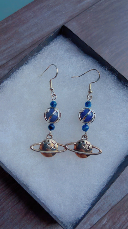 Handmade planet earrings with lapis lazuli gemstones