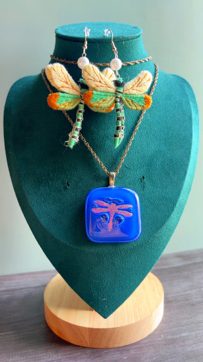 Glass dragonfly necklace & embroidered earrings