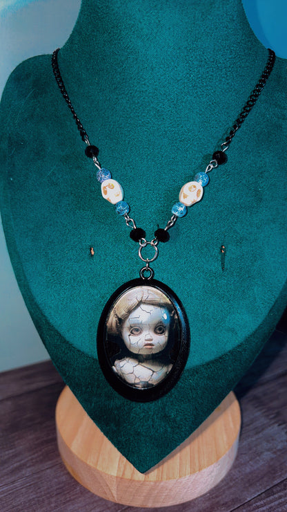 Handmade vintage cracked doll cameo necklace