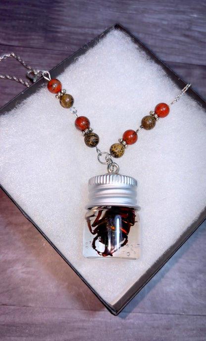 Handmade horned beetle wet specimen necklace