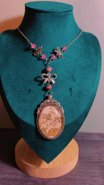 Handmade basket of kittens coquette necklace with lamp work beads