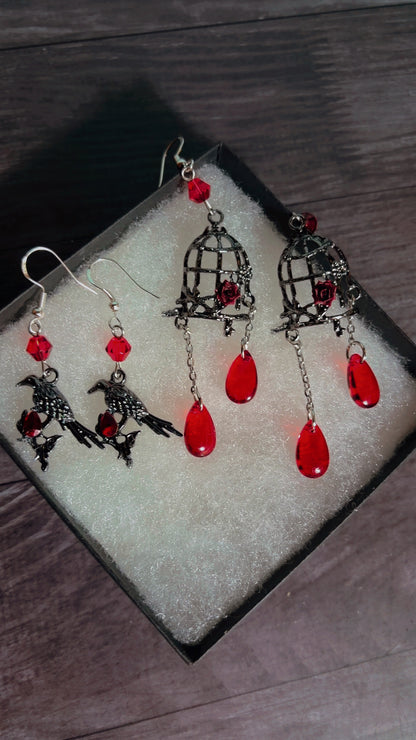 Handmade crow & bird cage earrings