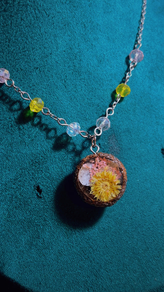 Real acorn cap & dried florals necklace