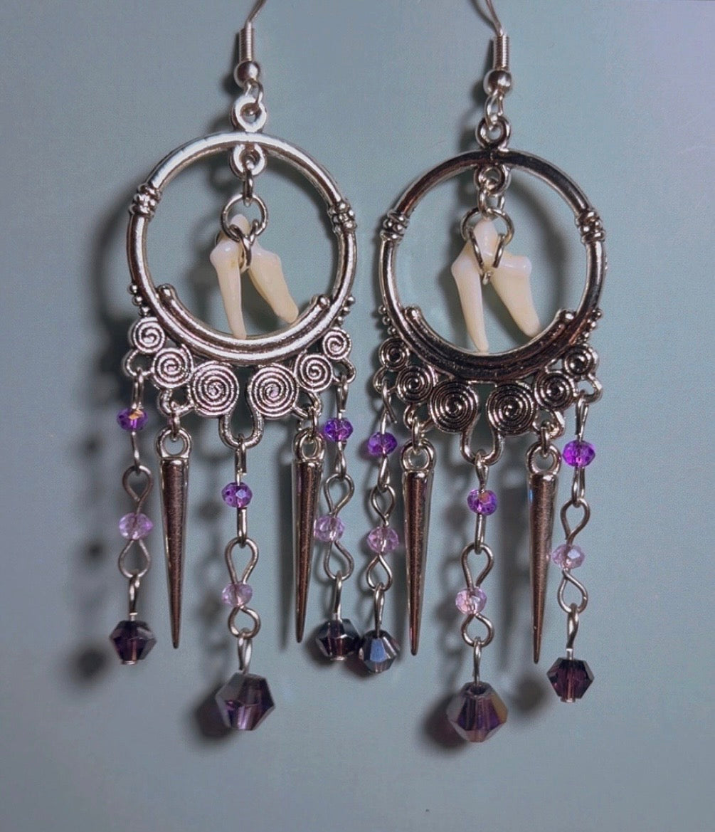 Handmade coyote tooth chandelier earrings